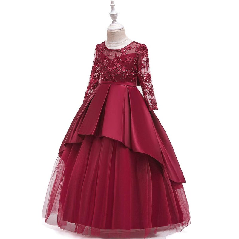 HIHCBF Flower Girl's Embroidery Tulle Lace Maxi Wedding Dress Long Sleeve Princess Birthday Pageant Party Dance Evening Gown Deep Red 11-12T - Image 2
